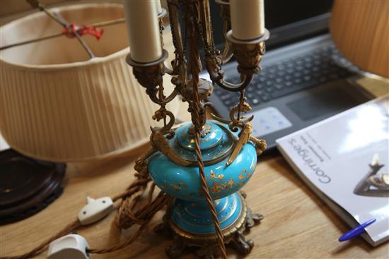 A pair of Sevres style porcelain and ormolu mounted table lamps, late 19th century, total height 60cm